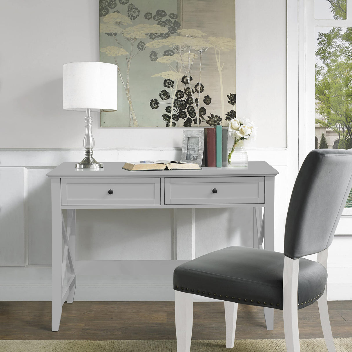 Lewahom Computer Desk with 2 Drawers, Elegant Home Office Writing Study Desk with Storage, Modern Simple Vanity Desk Console Table for Living Room, Grey Lewahom