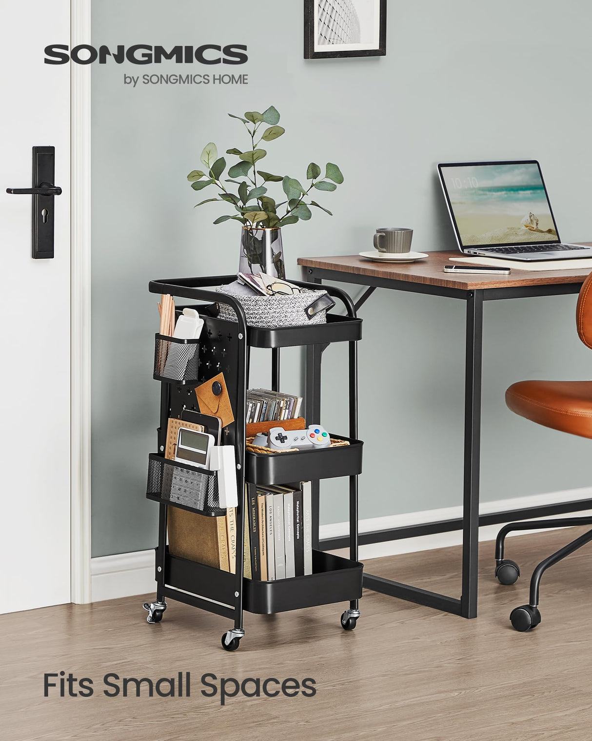 SONGMICS 3-Tier Storage Cart, Rolling Utility Cart, Metal Mesh Shelves, 2 Removable Pegboards, 2 Hanging Holders, 4 Hooks, Craft Cart for Living Room, Kitchen, Office, Bathroom, Ink Black ULRC037B01 SONGMICS