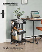 SONGMICS 3-Tier Storage Cart, Rolling Utility Cart, Metal Mesh Shelves, 2 Removable Pegboards, 2 Hanging Holders, 4 Hooks, Craft Cart for Living Room, Kitchen, Office, Bathroom, Ink Black ULRC037B01 SONGMICS