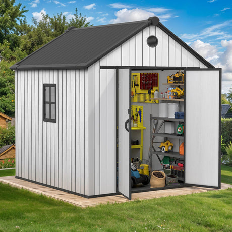 DWVO 8x8 FT Outdoor Storage Shed, 359 cuft Plastic Storage Shed with Floor & Lockable Door, All-Weather Tool Garden Shed with Window & Vent for Patio Furniture, Lawn Mower, Bike, Pool Supplies, Gray DWVO
