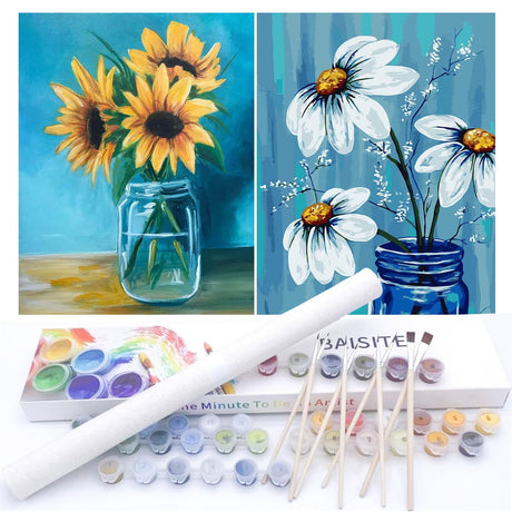 BAISITE Paint by Numbers Kit for Adults Beginners,12" Wx16 L 2 Pack Canvas for Painting Kits for Adults in Colorful Box-Daisy and Sunflowers 0304 BAISITE