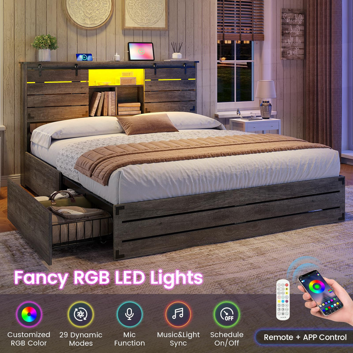 VIAGDO Wooden Bed Frame Queen Size with Bookcase Headboard and Sliding Barn Door, Farmhouse Queen Bed Frame with Charging Station, LED Lights and 4 Storage Drawers, No Box Spring Needed, Grey VIAGDO