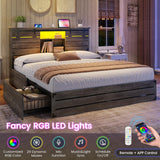 VIAGDO Wooden Bed Frame Queen Size with Bookcase Headboard and Sliding Barn Door, Farmhouse Queen Bed Frame with Charging Station, LED Lights and 4 Storage Drawers, No Box Spring Needed, Grey VIAGDO