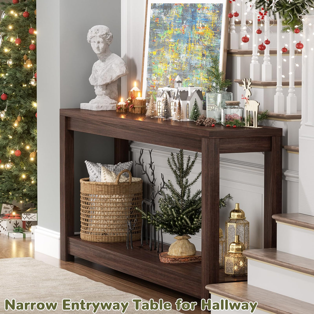 Besiost 47" Farmhouse Wood Entryway Table Narrow Console Table with Storage Behind Couch Sofa Table with Shelves Entry Way Tables with Open Storage, Easy Assembly, Black Walnut Besiost