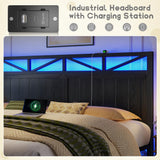 Homkdom Farmhouse Full Size Bed Frame with 2 Storage and LED Lights, Full Bed Frame with Headboard Built in Charging Station,Easy Assembly, No Box Spring Needed, Black Homkdom
