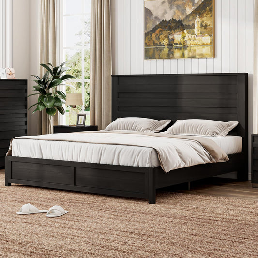 Farmhouse Queen Bed Frame with 49" Tall Headboard - LUXOAK Wooden Platform Bed, Noise-Free & No Box Spring Needed, Black - WoodArtSupply