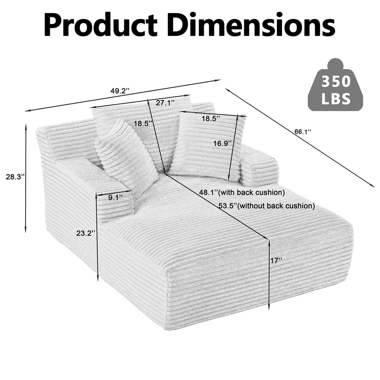HRVEOCEI 49" Chaise Lounge Indoor, Oversized Chaise Lounge Chair with 3 Comfy Pillows for Living Room Bedroom, Wide Arms Corduroy Fabric High-Density Foam No Assembly Required (Sage Green) HRVEOCEI