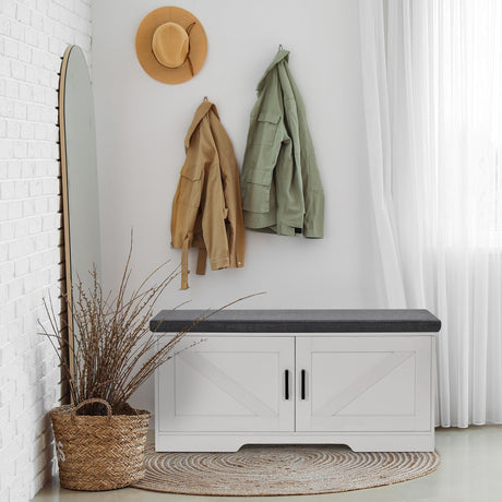 HOMSHO 2-Tier Storage Bench,Shoe Bench with Padded Seat Cushion, Entryway Bench with 2 Barn Doors,Adjustable Shelf, 39.4" L x 13.8" W x 17.7" H, for Entryway, Living Room, Bedroom,White HOMSHO