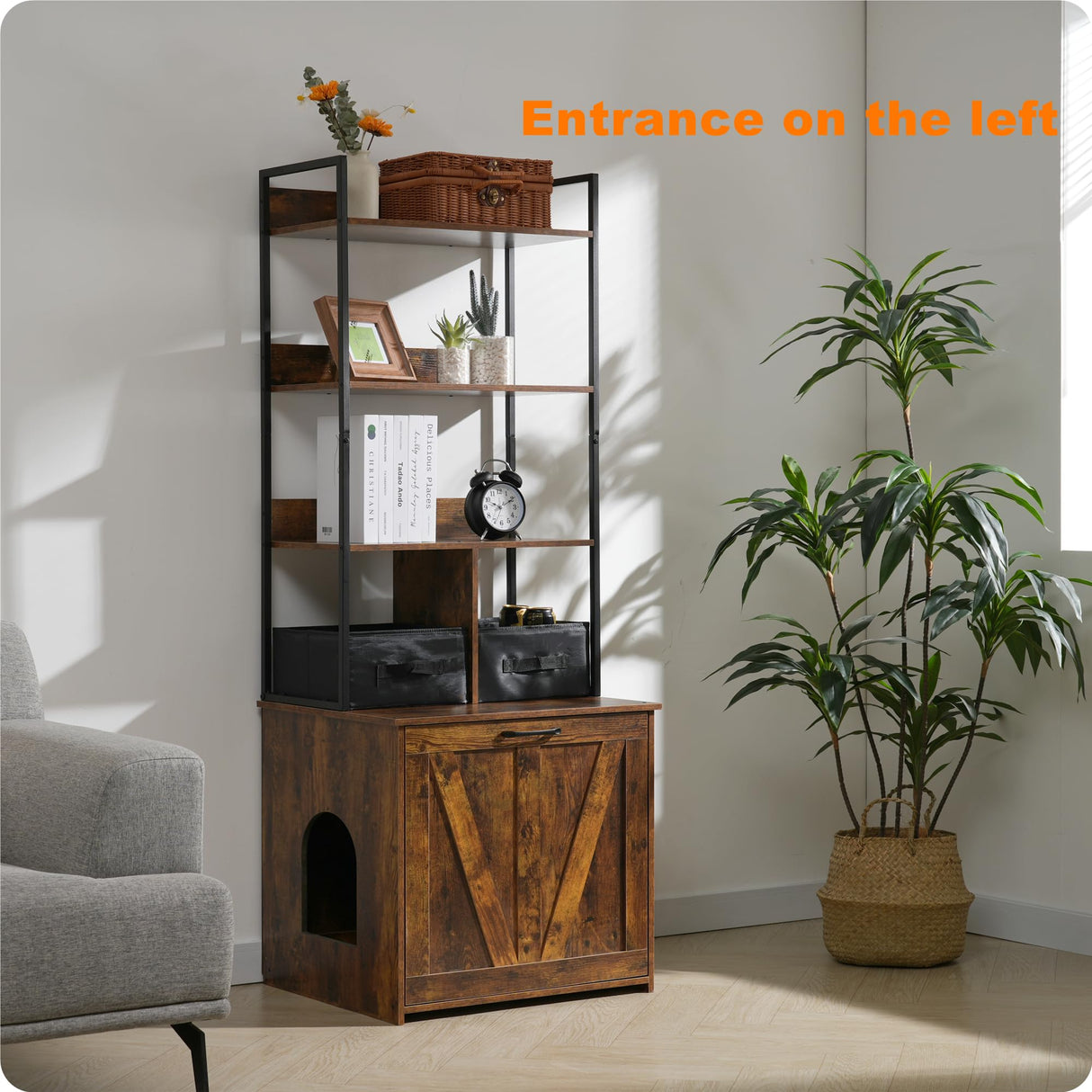 Dwanton Litter Box Enclosure with 3 Storage Shelves and 2 Drawers, 2-in-1 Hidden Cat Litter Box Enclosure Furniture with Shelf, Reversible Entrance, Washable Drawers, 61.8-Inch, Rustic Brown Dwanton