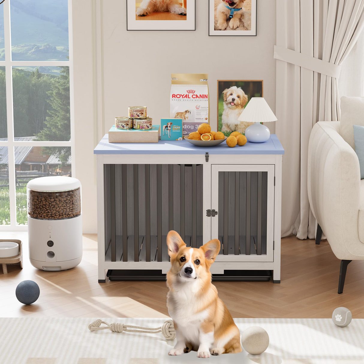 GarveeLife 33in Furniture Dog Crate, Large/Medium Dog Crate End Table, Solid Wood Portable Foldable Indoor, No Assembly Needed (White and Blue) GarveeLife