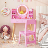 Costzon Kids Vanity, Girls Vanity Set with Mirror and Stool and Lights, Drawers, Storage Shelves, Wooden Toddler Makeup Vanity Desk Dressing Table, Pretend Play Kids Vanity Table and Chair Set (Pink) Costzon