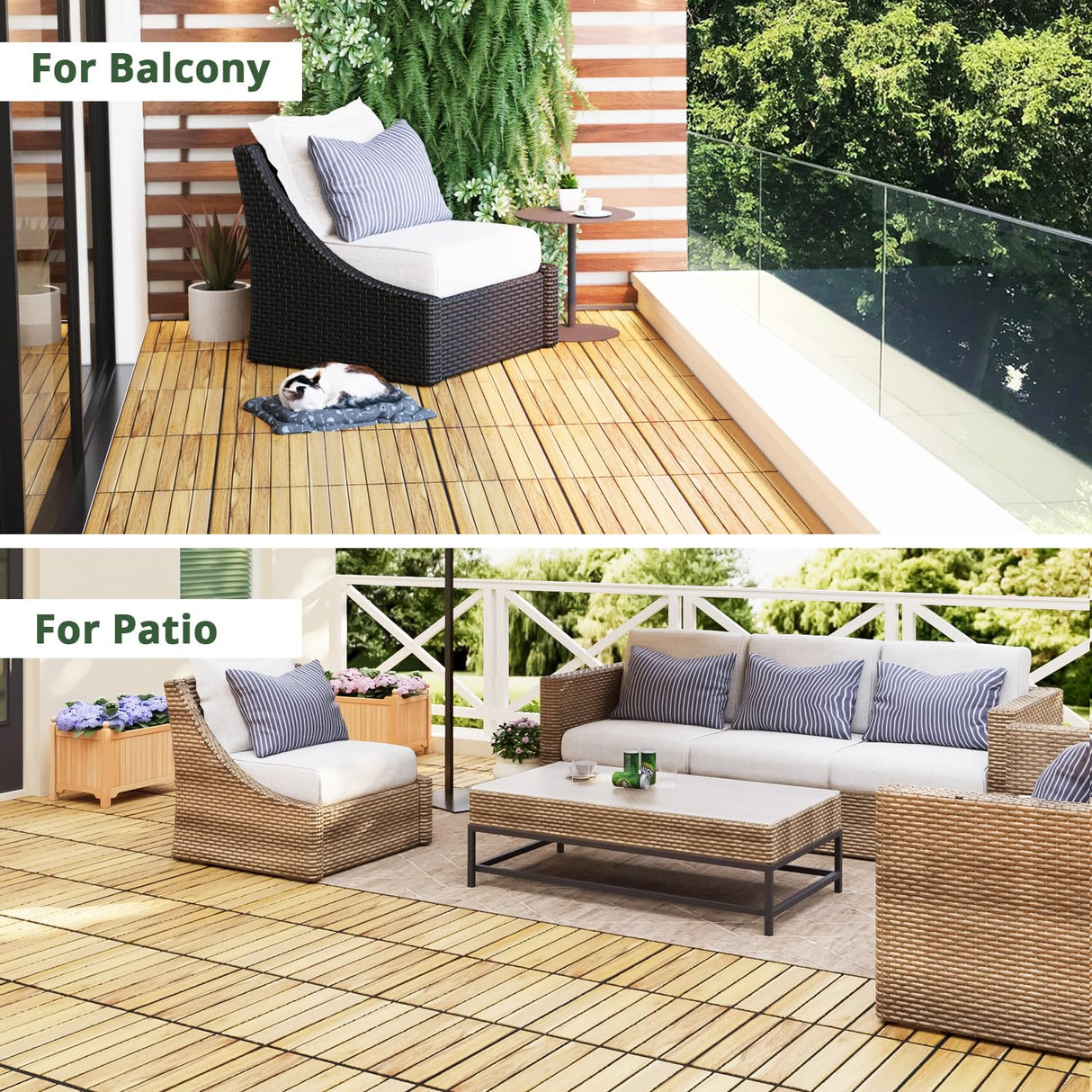 BEEFURNI Acacia Interlocking Deck Tiles (10PCS 12"x 12"), Wood Deck Tiles Interlocking Outdoor All Weather, Patio Flooring for Indoor Outdoor use, Easy Assembly, 1-Year Warranty (Natural Wood) BEEFURNI