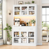 FINETONES 71" Pantry Cabinet with LED Light and Charging Station, Storage Cabinet with Microwave Stand, Kitchen Pantry Hutch Cupboard with Glass Doors and Shelves, White FINETONES