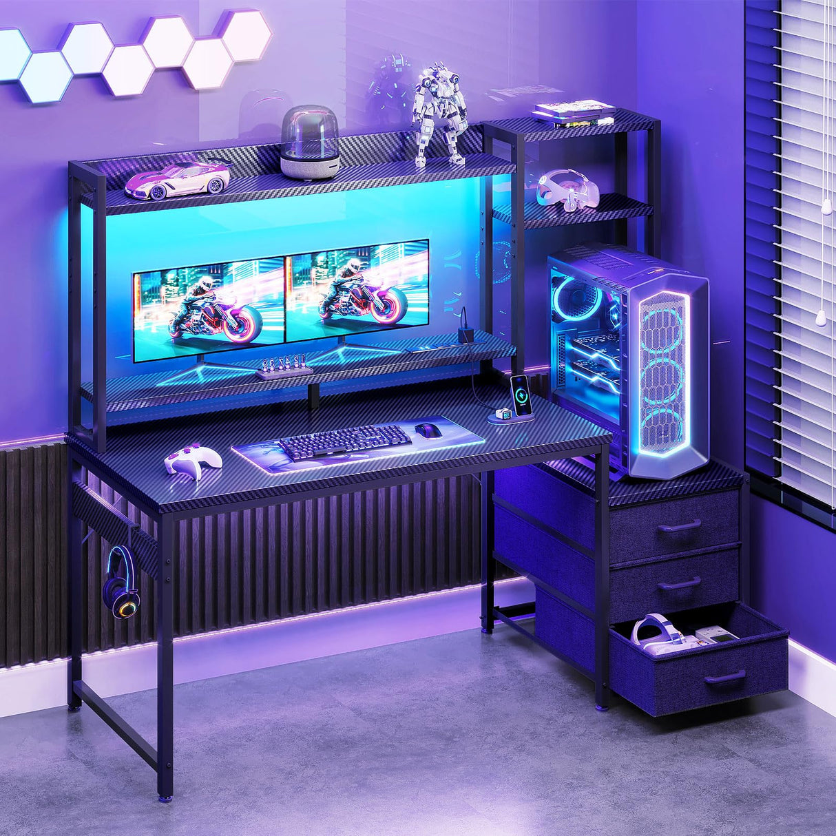 Casaottima 48 Inch Gaming Desk with Hutch & 3 Fabric Drawers, Computer Desk with USB Ports & LED Lights, Reversible Pc Gamer Table with Monitor Stand for Home Office, Carbon Fiber Black Casaottima