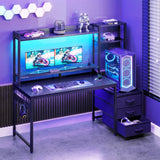 Casaottima 48 Inch Gaming Desk with Hutch & 3 Fabric Drawers, Computer Desk with USB Ports & LED Lights, Reversible Pc Gamer Table with Monitor Stand for Home Office, Carbon Fiber Black Casaottima