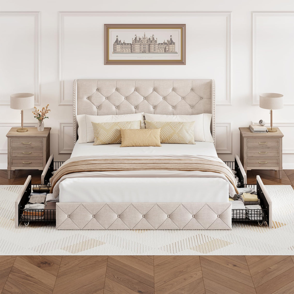 BRELTAM Queen Size Bed Frame with Storage Drawers and Wingback Headboard Linen Upholstered Platform Bed Frame Tufted Beds with Heavy Duty Wood Slats, Noise Free, Easy Assembly, Beige BRELTAM