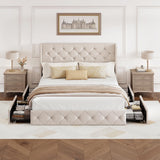 BRELTAM Queen Size Bed Frame with Storage Drawers and Wingback Headboard Linen Upholstered Platform Bed Frame Tufted Beds with Heavy Duty Wood Slats, Noise Free, Easy Assembly, Beige BRELTAM