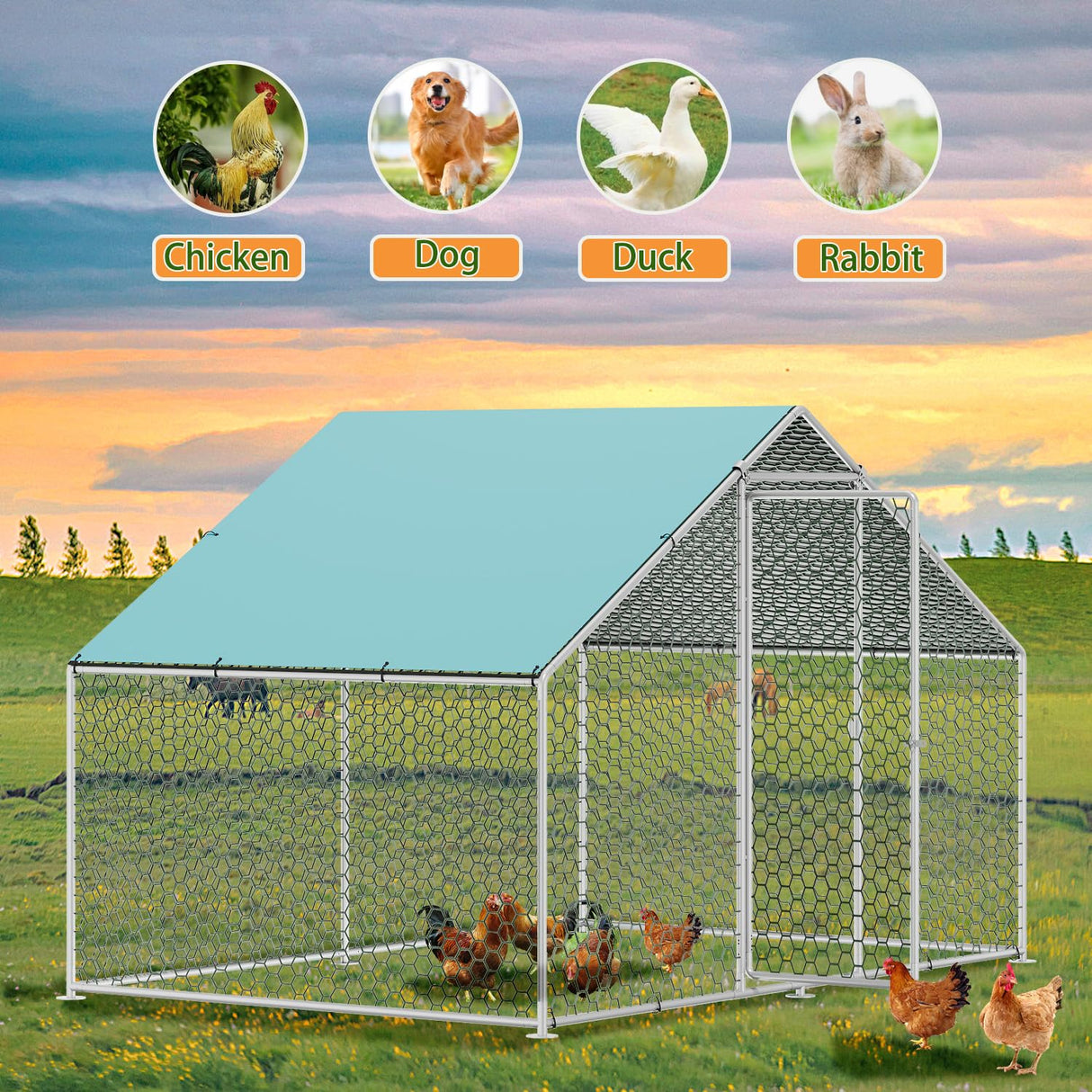 Sunny Heart Large Chicken Coop Run with Immersed Wire Mesh, Metal Chicken Coop for 6 Chickens Heavy Duty Chicken Run in for Yard with Waterproof Cover and Secure Lock(6.6'L x 9.8'W x 6.4'H) Sunny Heart