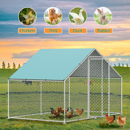 Sunny Heart Large Chicken Coop Run with Immersed Wire Mesh, Metal Chicken Coop for 6 Chickens Heavy Duty Chicken Run in for Yard with Waterproof Cover and Secure Lock(6.6'L x 9.8'W x 6.4'H)