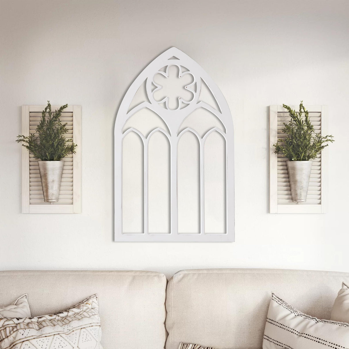 Sintosin Gothic Arched Window Frames for Wall Decor Living Room 20 X 33 Inch, Hanging Distressed White Wooden Farmhouse Window Pane, Rustic Cathedral Window Frame for Halloween Entryway Sintosin
