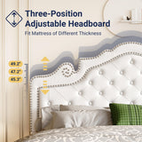 Allewie Queen Bed Frame with Adjustable Velvet Tiara Headboard, Upholstered Diamond Button Tufted Platform Bed, Wood Slats Support, No Box Spring Needed, Mattress Foundation, Easy Assembly, White Allewie