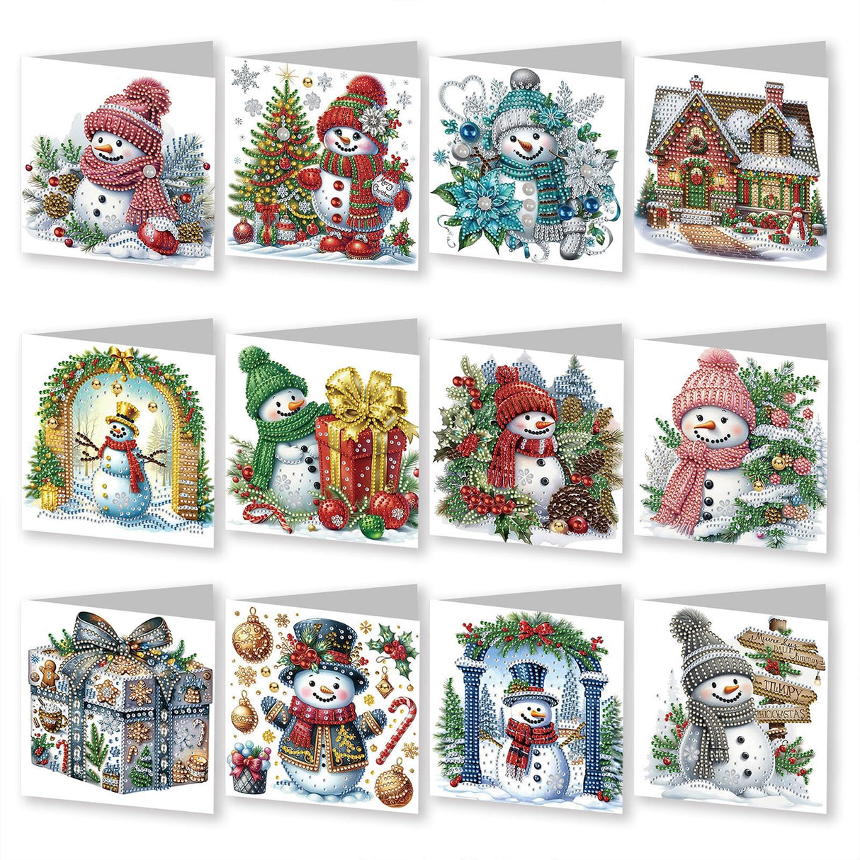 YOKUSHI 12 PCS Diamond Art Painting Christmas Greeting Cards with Envelopes, Snowman Craft DIY Card Making Kits for Adults Kids Gifts (White) YOKUSHI