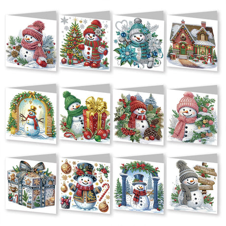 YOKUSHI 12 PCS Diamond Art Painting Christmas Greeting Cards with Envelopes, Snowman Craft DIY Card Making Kits for Adults Kids Gifts (White) YOKUSHI