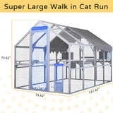 HYDRAGARDEN Large Catio Outdoor Cat House Enclosure Wooden Cat Cage Kitten Condo for Multiple Pets Walk in, with Bouncy Bridge, Platforms, Small Houses and Weatherproof Roof - 111”x74”x74” HYDRAGARDEN