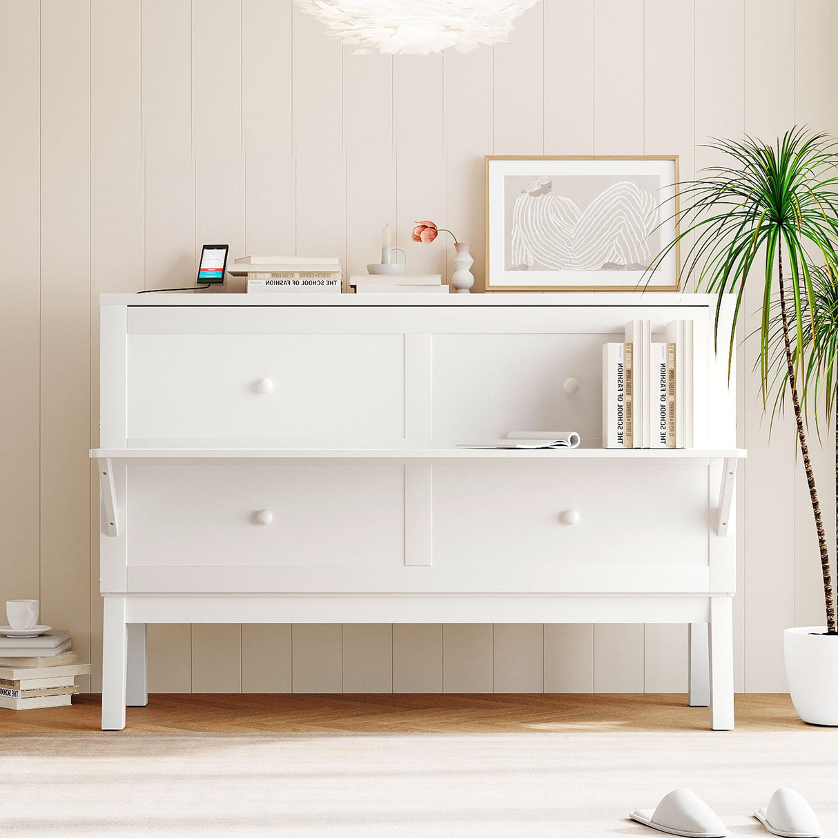Merax Murphy Bed Queen Size with USB Port and Slide-Out Shelves on Each Side, 2-in-1 Foldable Bed Frame Cabinet Desk for Bedroom Guest Room Living Room (White) Merax