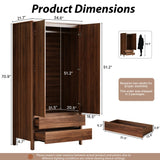 MAISONARIA Wardrobe with 2 Doors and 2 Drawers, 70.9”H Modern Walnut Bedroom Armoire Closet with Hidden Handles, Freestanding Wooden Storage Cabinet for Clothes and Essentials MAISONARIA