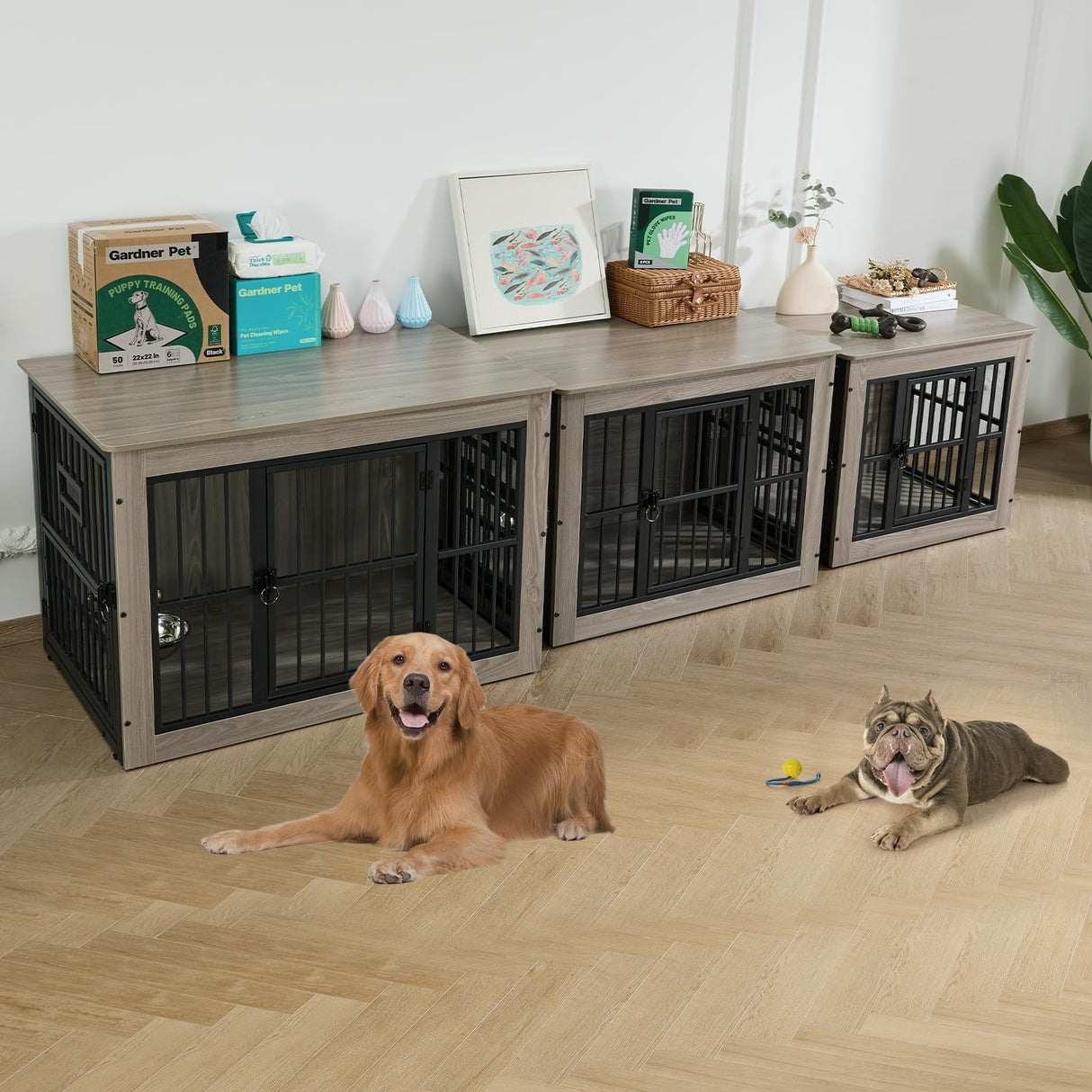 Gardner Pet Dog Crate Furniture for Medium Dogs, 32.7 Inch Dog Kennel Indoor, Wooden Dog Cage End Table with 2 Removable Bowls, Heavy Duty Dog Crate, Rustic Grey Gardner Pet