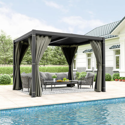 10 x 10 FT Outdoor Louvered Pergola, Pergola with Adjustable Aluminum Rainproof Roof, Gazebo Sun Shade Shelter for Patio Deck Garden Yard, Curtains and Netting Included, Gray