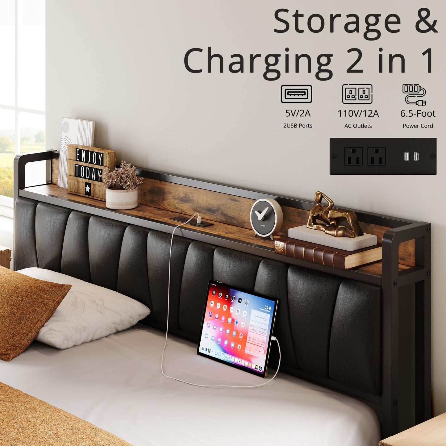 California King Bed Frame with Storage Headboard and Charging Station by LIKIMIO - Vintage Brown and Black - WoodArtSupply