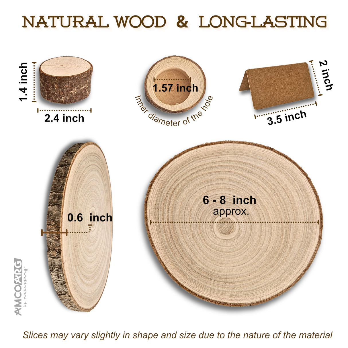 10 Pcs Wood slices for centerpieces 6-8 Inch, with 10 Versatile Candle Holders and Card Holders,and 20 Cards. Rustic wooden centerpieces for table for weddings,baby showers,DIY,crafts, party,home deco AMCOARG