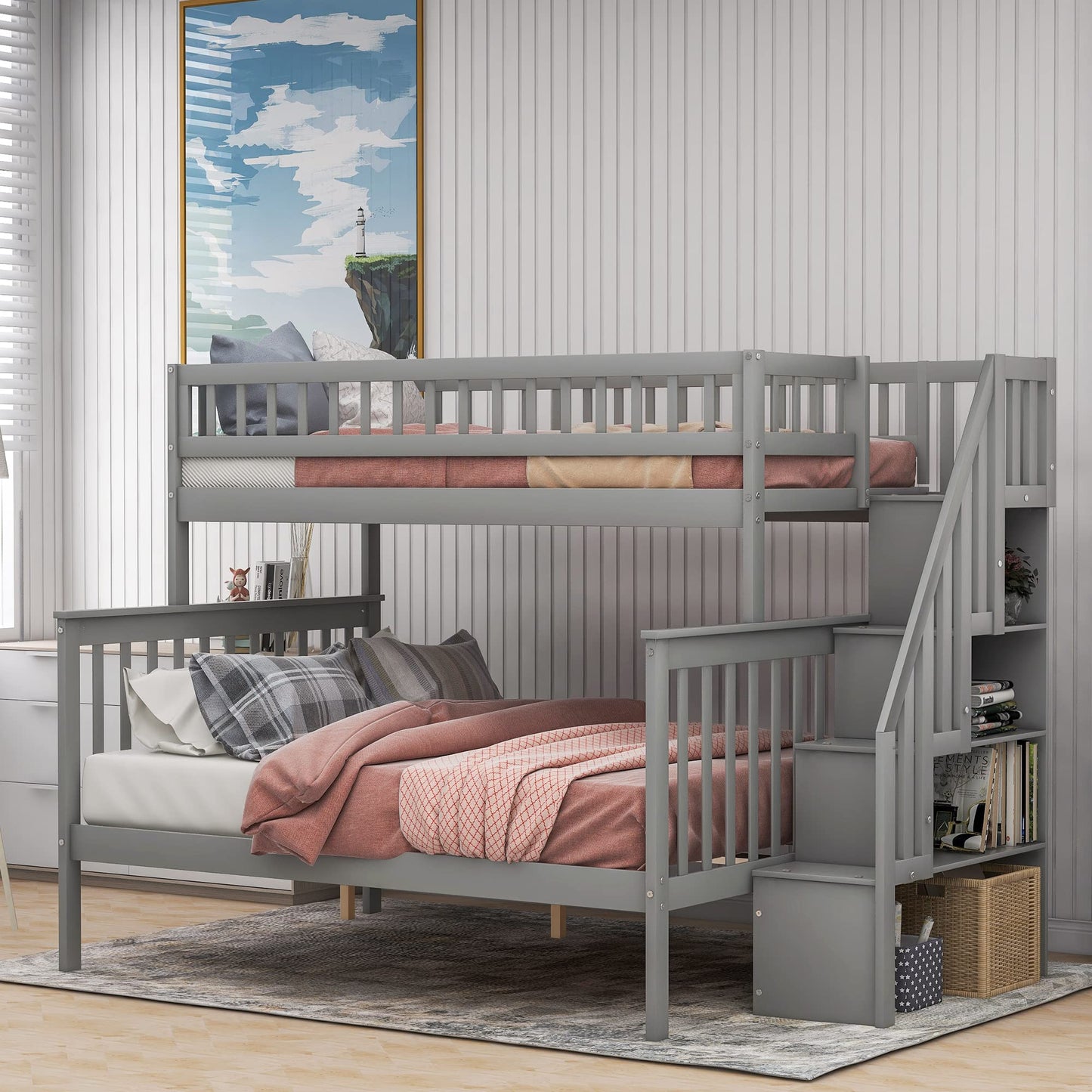 Harper & Bright Designs Twin Over Full Bunk Beds with Stairs, Wood Bunk Bed with Storage and Guard Rails,Bunk Beds Twin Over Full Size for Kids, Bedroom, Dorm, Teens, Adults, Grey