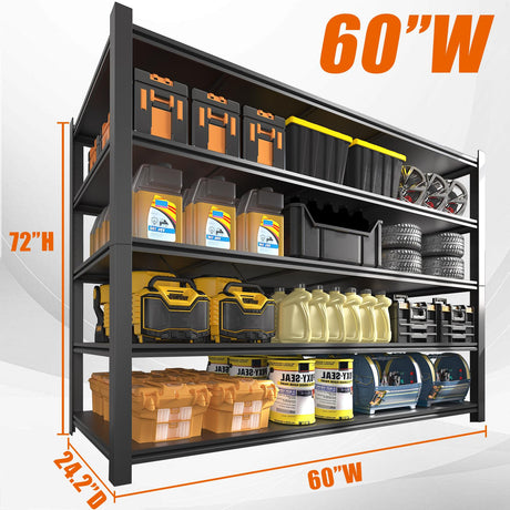Howzone 60" W Garage Shelving Heavy Duty Metal Shelving 3000LBS Storage Shelves Adjustable 5 Tier Metal Shelves for Storage Industrial Shelves for Garage, Warehouse, 24.2" D x 60'' W x 72'' H Howzone