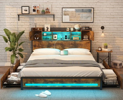 Dnxao Queen Bed Frame with Storage Drawers and Bookcase Headboard, LED Bed Frame Queen Size with Type-C & USB Ports, Metal Platform Bed with Storage, No Box Spring Needed, Vintage Brown