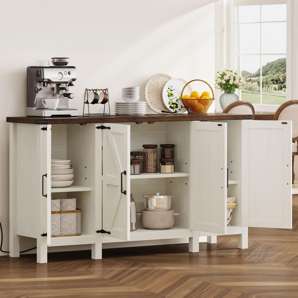 YITAHOME Farmhouse Sideboard Buffet Cabinet with Storage, 59" Kitchen Storage Cabinet with Adjustable Shelves for Living Room, Entryway, Rustic White YITAHOME