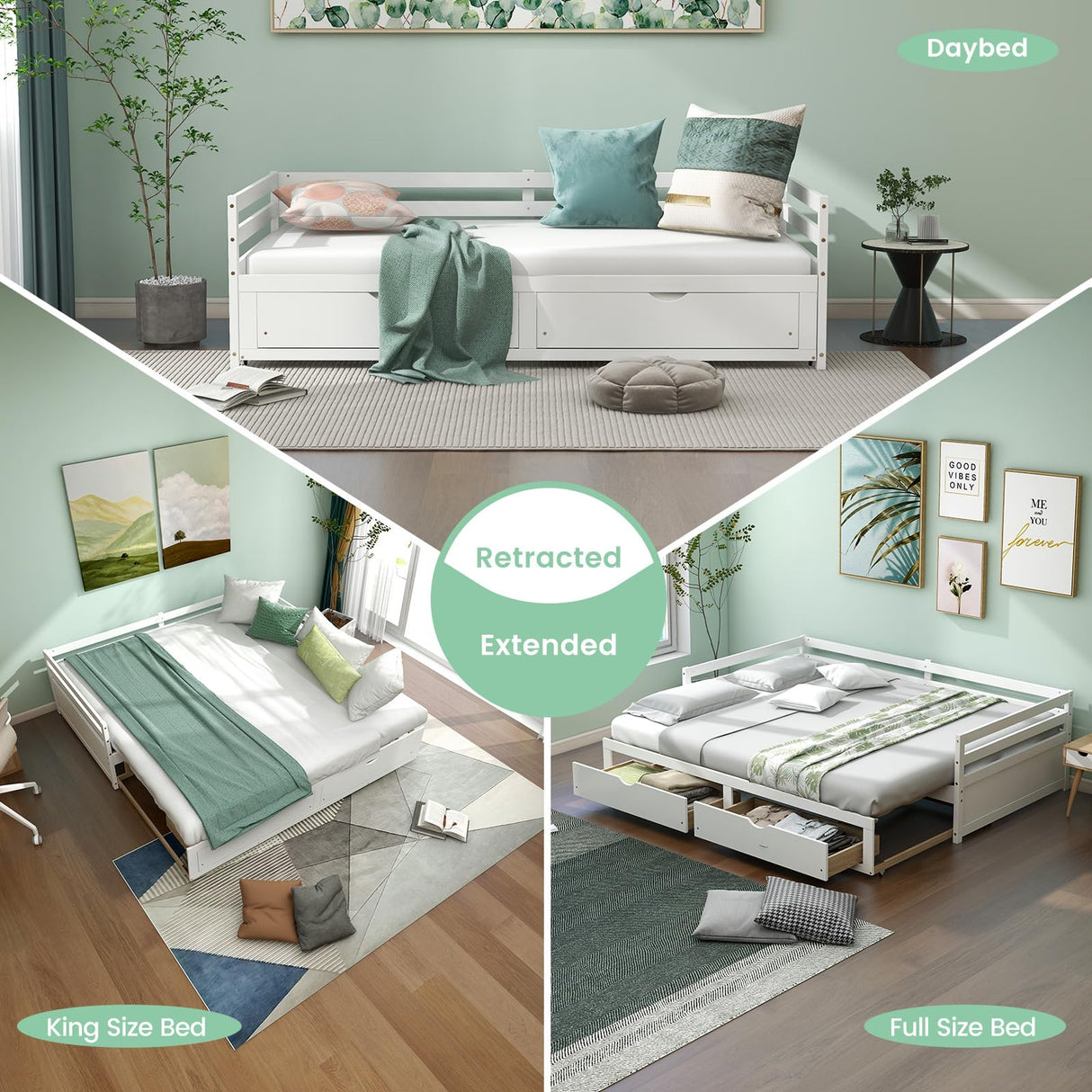 KOMFOTT Wood Daybed with Trundle, Extendable Twin to King Daybed Frame with 2 Storage Drawers, Space Saving Dual-use Sofa Daybed for Bedroom, Guest Room, No Box Spring Required (White) KOMFOTT