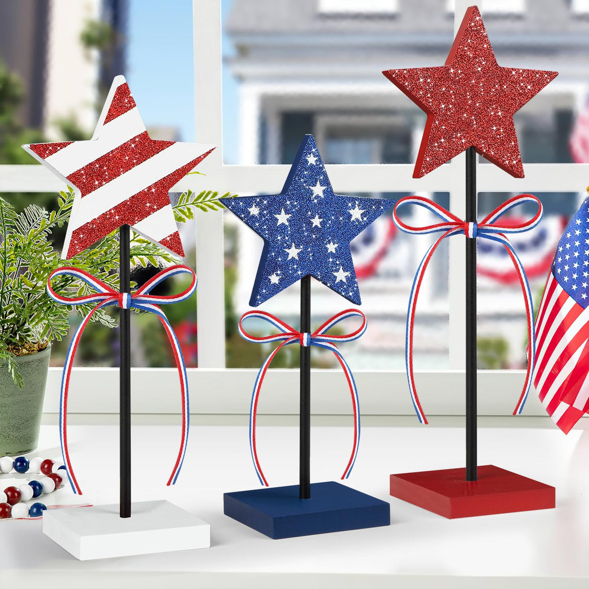 4th of July Tiered Tray Decor Wooden Star Set, 3 Pcs Memorial Day Table Decorations, Rustic Patriotic Tabletop Home Decor, Red White and Blue Decorations for Home (Shiny) Hedeey