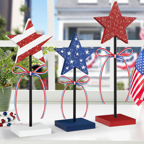 4th of July Tiered Tray Decor Wooden Star Set, 3 Pcs Memorial Day Table Decorations, Rustic Patriotic Tabletop Home Decor, Red White and Blue Decorations for Home (Shiny) Hedeey