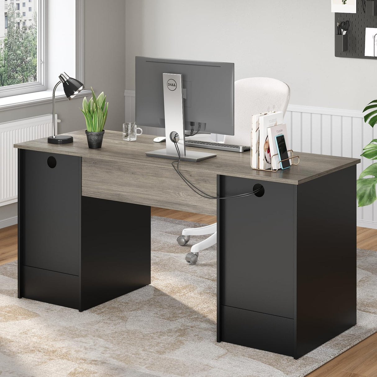 Bestier 59” Computer Desk with 4 Drawers, Office Desk with Storage, Industrial Executive Desk with File Drawer, Keyboard Tray & 2 Pedestals on Both Sides for Home Office & Studio, Grey Bestier