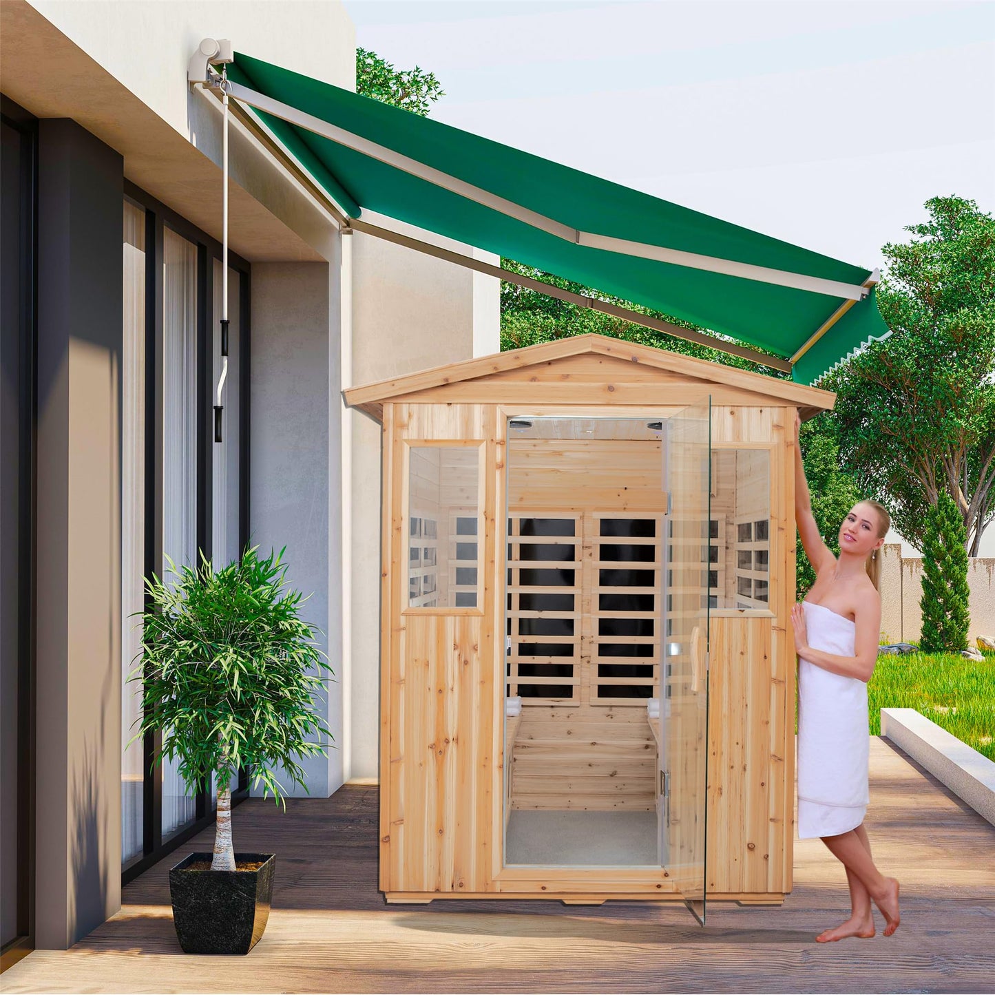 WEALTHOME Outdoor Sauna for 4 Person,Applicable Indoors and Outdoors. Far Infrared Sauna 8 Low EMF Heaters, Wooden Sauna Room 2050 Watt, Old Chinese Fir, Chromotherapy, Bluetooth Speaker, LCD, LED