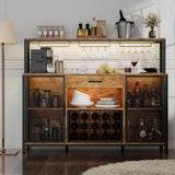 Large Bar Cabinet with Drawer Storage, Rustic Long Wine Cabinet with LED Lights, Farmhouse Wood Metal Liquor Cabinet with Wine Rack and Glass Goblet Holder, Sideboard Buffet for Kitchen,Dining Room Loomie