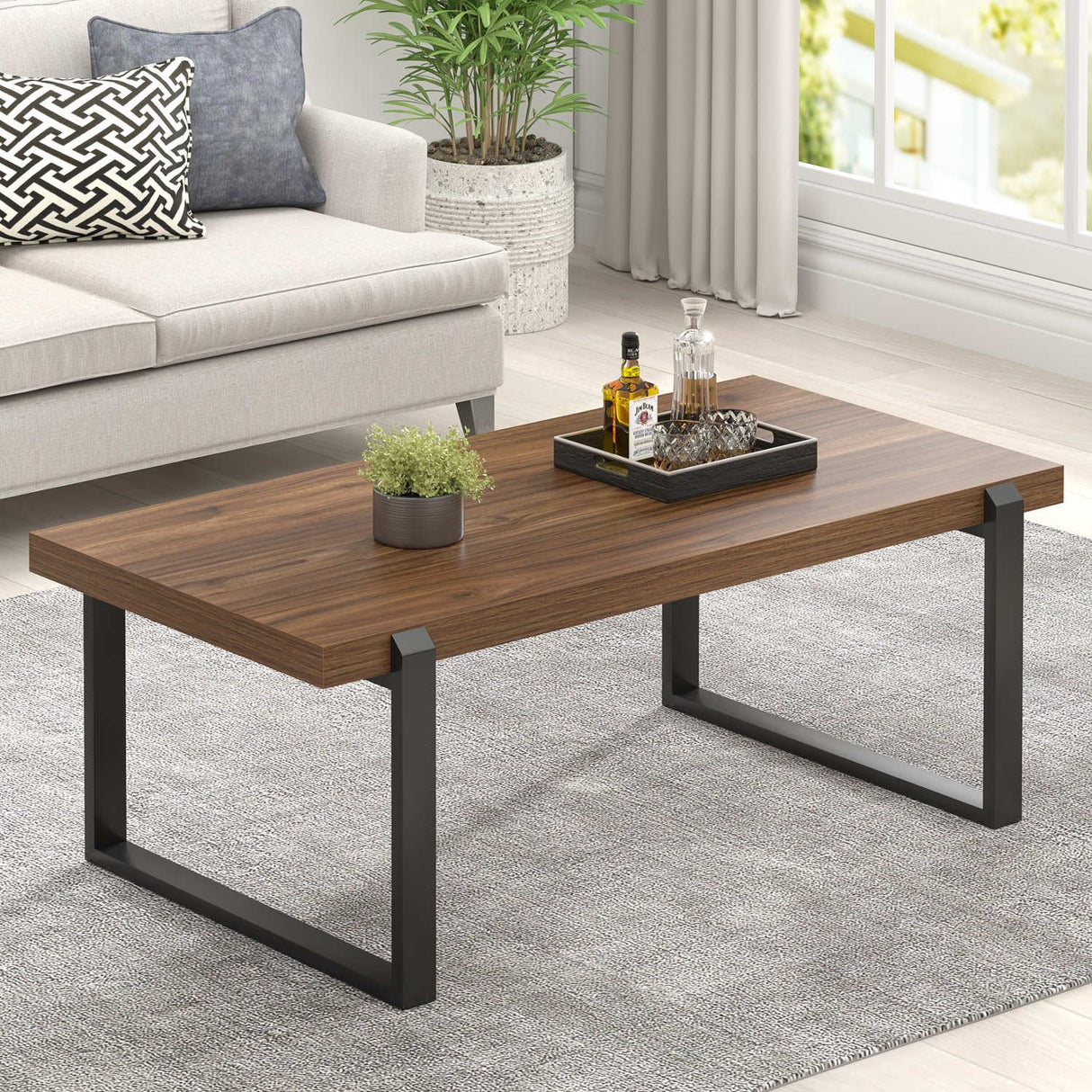 FOLUBAN Modern Coffee Table, Rustic Wood and Metal Center Table, Industrial Rectangle Cocktail Tea Table for Living Room, Walnut, 44 Inch FOLUBAN