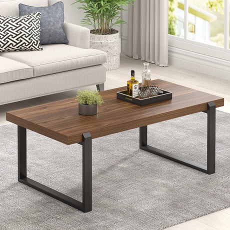 FOLUBAN Modern Coffee Table, Rustic Wood and Metal Center Table, Industrial Rectangle Cocktail Tea Table for Living Room, Walnut, 44 Inch FOLUBAN
