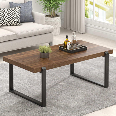 FOLUBAN Modern Coffee Table, Rustic Wood and Metal Center Table, Industrial Rectangle Cocktail Tea Table for Living Room, Walnut, 44 Inch