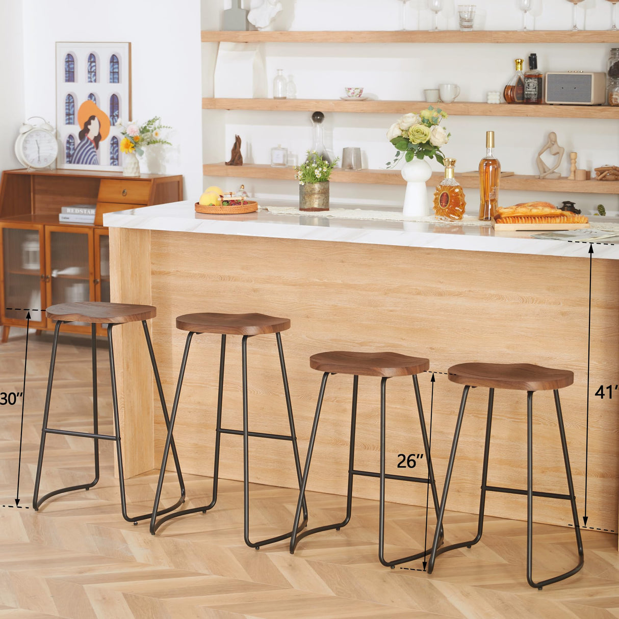 HeuGah Bar Stools Set of 4, Saddle Seat Wooden Barstools for Kitchen Island, 30" Brown Bar Height Stools with Footrest (Brown, 4 PCS 30Inch Barstool) HeuGah