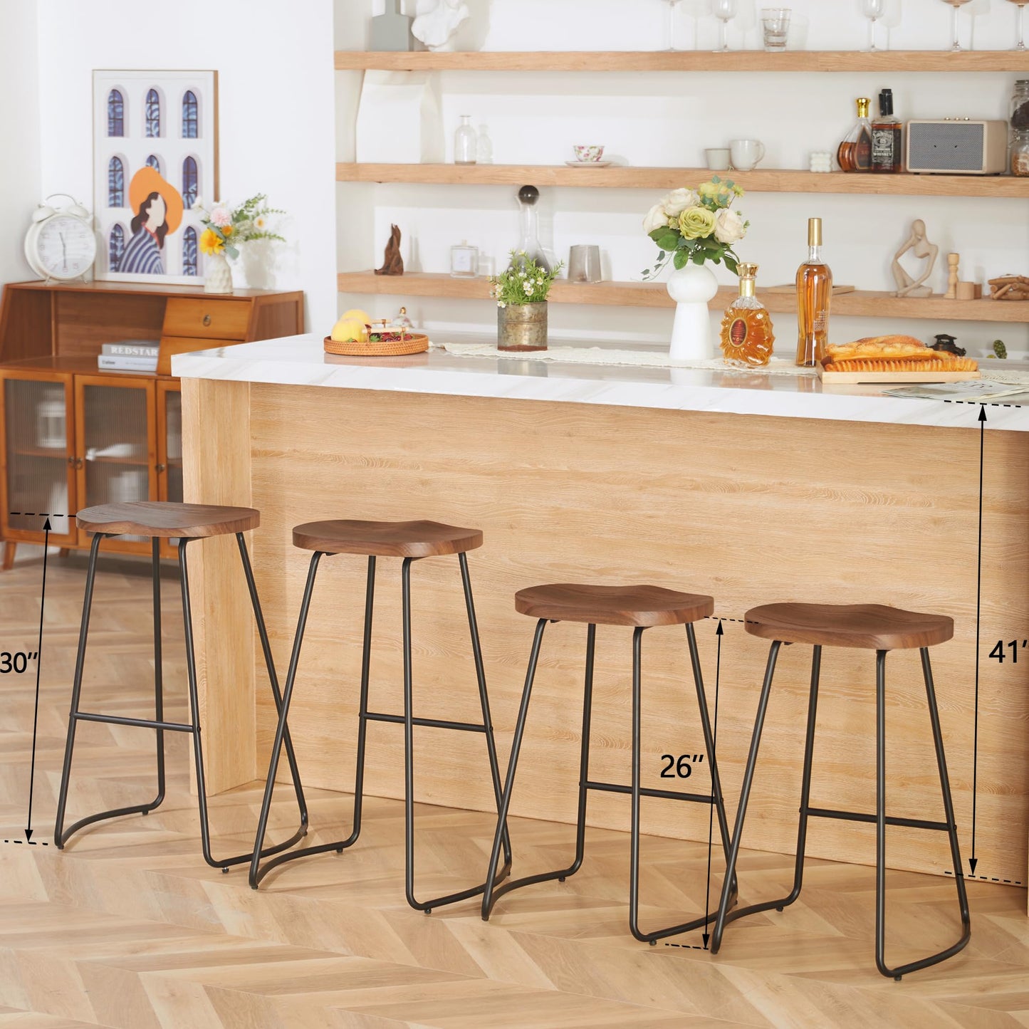 HeuGah Bar Stools Set of 4, Saddle Seat Wooden Barstools for Kitchen Island, 30" Brown Bar Height Stools with Footrest (Brown, 4 PCS 30Inch Barstool) - WoodArtSupply