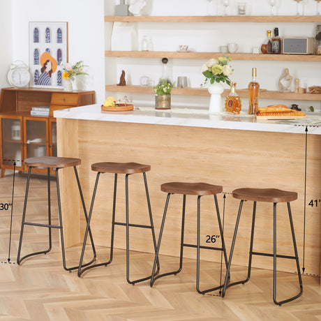 HeuGah Bar Stools Set of 4, Saddle Seat Wooden Barstools for Kitchen Island, 30" Brown Bar Height Stools with Footrest (Brown, 4 PCS 30Inch Barstool) HeuGah
